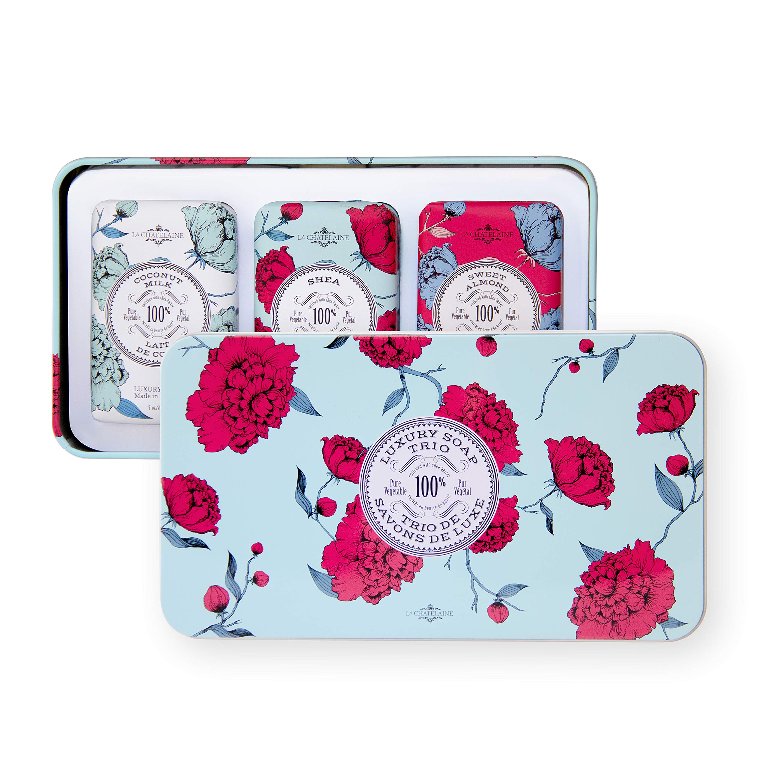 La Chatelaine Luxury Bar Soap Trio Gift Set Tin | Made in France | Natural and Organic | Shea Butter Formula | 3 x 7 oz / 200g -Aqua Soap Trio (Coconut Milk, Shea, Sweet Almond)