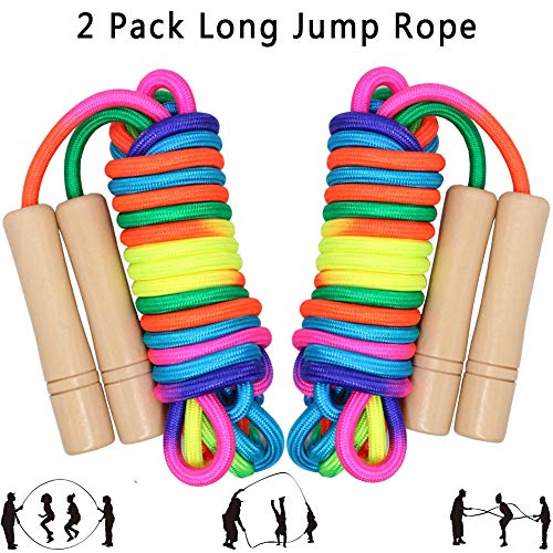 16 FT Long Jump Rope for Kids, 2 Pack Adjustable Double Dutch Skipping Rope with Wooden Handle, Multiplayer Rainbow Jumping Rope for Outdoor Fun, School Sport, Party Game