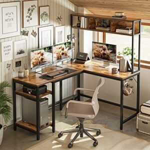 cubiker l-shaped desk with hutch, 60" corner computer desk, home office gaming table with storage shelves, space-saving, rustic brown