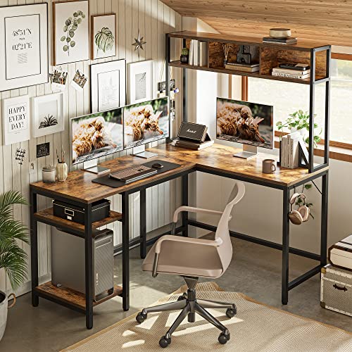 Cubiker L-Shaped Desk with Hutch, 60" Corner Computer Desk, Home Office Gaming Table with Storage Shelves, Space-Saving, Rustic Brown