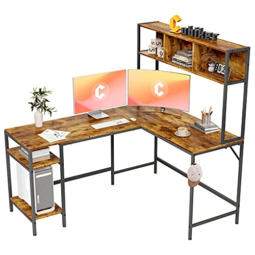 Cubiker L-Shaped Desk with Hutch, 60" Corner Computer Desk, Home Office Gaming Table with Storage Shelves, Space-Saving, Rustic Brown