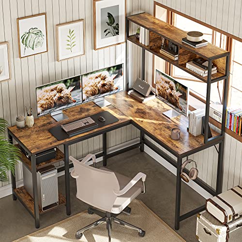 Cubiker L-Shaped Desk with Hutch, 60" Corner Computer Desk, Home Office Gaming Table with Storage Shelves, Space-Saving, Rustic Brown