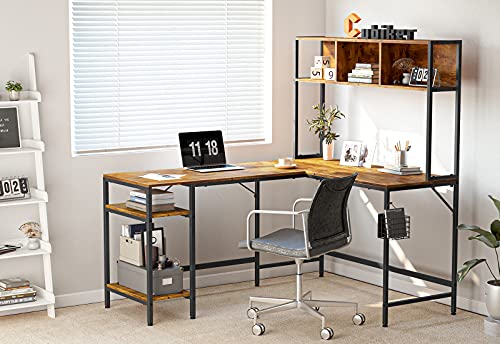 Cubiker L-Shaped Desk with Hutch, 60" Corner Computer Desk, Home Office Gaming Table with Storage Shelves, Space-Saving, Rustic Brown