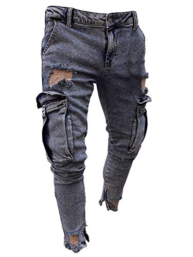 Andongnywell Mens Skinny Stretch Destroyed Denim Pants Ripped Slim Fit Trousers Stretch Knee Pocket Jeans (Blue 2,Medium)