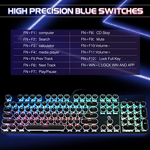 YSCP Typewriter Style Mechanical Gaming Keyboard RGB Backlit Wired with Blue Switch Retro Round Keycap 104 Keys Keyboard (Writertype Keyboard-104keys Black)