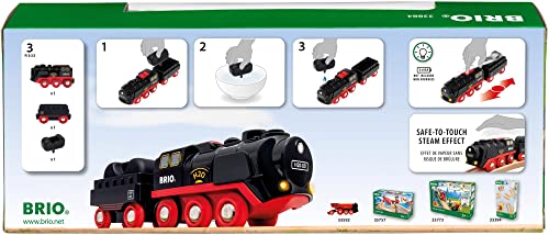 Brio World 33884 Battery-Operated Steaming Train | Toy Train with Light and Steam Effects for Kids Age 3 and Up, Black