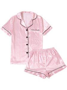lyaner women's striped silky satin pajamas short sleeve top with shorts sleepwear pj set pink x-small