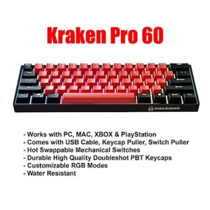 KRAKEN KEYBOARDS BRED Edition Kraken Pro 60 | Black & Red 60% HOT SWAPPABLE Mechanical Gaming Keyboard for Gaming On PC, MAC, Xbox and Playstation (BRED | Silver Switches)