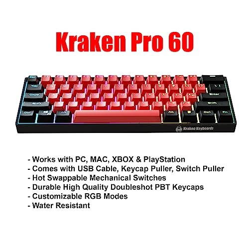 KRAKEN KEYBOARDS BRED Edition Kraken Pro 60 | Black & Red 60% HOT SWAPPABLE Mechanical Gaming Keyboard for Gaming On PC, MAC, Xbox and Playstation (BRED | Silver Switches)