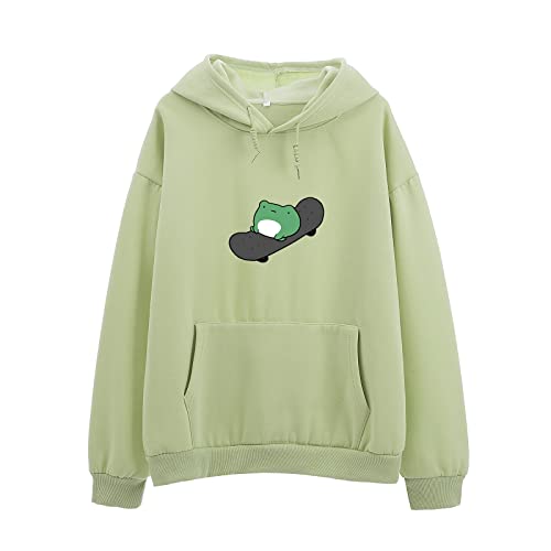 KEEVICI Women's Cute Sweatshirts Skateboarding Frog Long Sleeve Cotton Hoodie Pullover (Green,L)