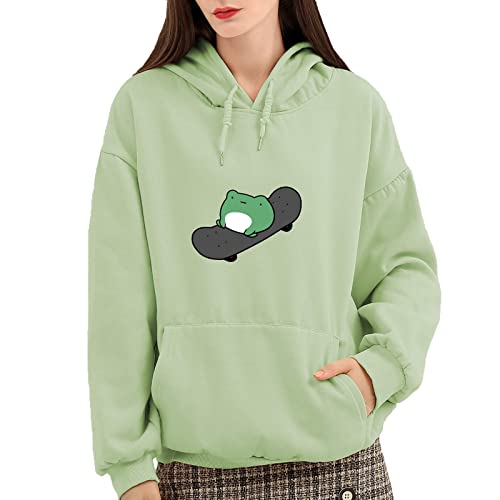 KEEVICI Women's Cute Sweatshirts Skateboarding Frog Long Sleeve Cotton Hoodie Pullover (Green,L)