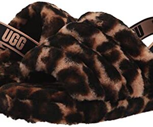 UGG Girls K Fluff Yeah Slide Panther Print Slipper, Butterscotch, 5 Big Kid