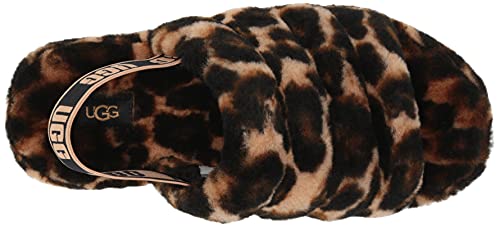 UGG Girls K Fluff Yeah Slide Panther Print Slipper, Butterscotch, 5 Big Kid