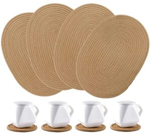 wenfome 4 pack oval jute woven placemats and set of 4 round fabric coasters, cotton braided placemats set, dining table mat, heat-resistant pot holders, 12 * 16'' washable place mats