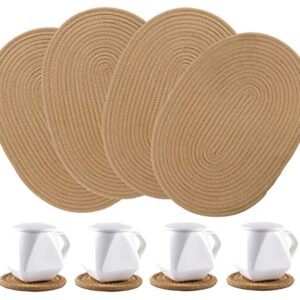 WENFOME 4 Pack Oval Jute Woven Placemats and Set of 4 Round Fabric Coasters, Cotton Braided Placemats Set, Dining Table Mat, Heat-Resistant Pot Holders, 12 * 16'' Washable Place Mats