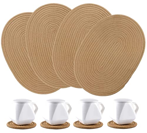 WENFOME 4 Pack Oval Jute Woven Placemats and Set of 4 Round Fabric Coasters, Cotton Braided Placemats Set, Dining Table Mat, Heat-Resistant Pot Holders, 12 * 16'' Washable Place Mats