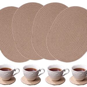 WENFOME 4 Pack Oval Jute Woven Placemats and Set of 4 Round Fabric Coasters, Cotton Braided Placemats Set, Dining Table Mat, Heat-Resistant Pot Holders, 12 * 16'' Washable Place Mats