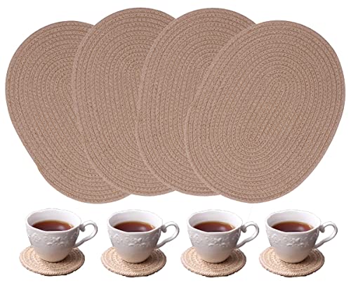 WENFOME 4 Pack Oval Jute Woven Placemats and Set of 4 Round Fabric Coasters, Cotton Braided Placemats Set, Dining Table Mat, Heat-Resistant Pot Holders, 12 * 16'' Washable Place Mats