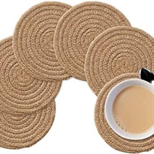 WENFOME 4 Pack Oval Jute Woven Placemats and Set of 4 Round Fabric Coasters, Cotton Braided Placemats Set, Dining Table Mat, Heat-Resistant Pot Holders, 12 * 16'' Washable Place Mats