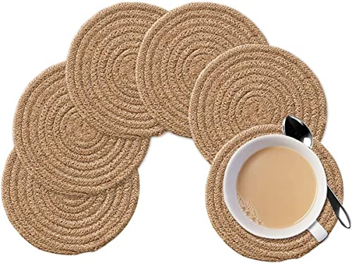 WENFOME 4 Pack Oval Jute Woven Placemats and Set of 4 Round Fabric Coasters, Cotton Braided Placemats Set, Dining Table Mat, Heat-Resistant Pot Holders, 12 * 16'' Washable Place Mats