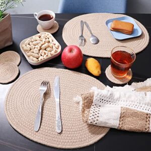 WENFOME 4 Pack Oval Jute Woven Placemats and Set of 4 Round Fabric Coasters, Cotton Braided Placemats Set, Dining Table Mat, Heat-Resistant Pot Holders, 12 * 16'' Washable Place Mats