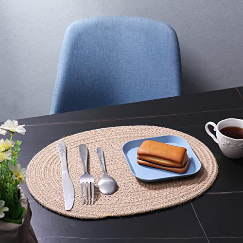 WENFOME 4 Pack Oval Jute Woven Placemats and Set of 4 Round Fabric Coasters, Cotton Braided Placemats Set, Dining Table Mat, Heat-Resistant Pot Holders, 12 * 16'' Washable Place Mats