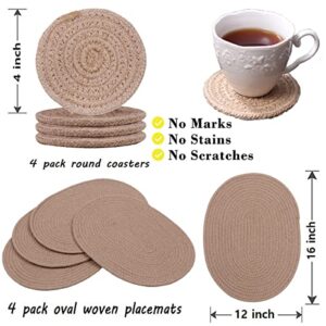 WENFOME 4 Pack Oval Jute Woven Placemats and Set of 4 Round Fabric Coasters, Cotton Braided Placemats Set, Dining Table Mat, Heat-Resistant Pot Holders, 12 * 16'' Washable Place Mats