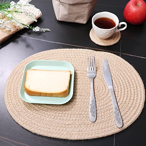 WENFOME 4 Pack Oval Jute Woven Placemats and Set of 4 Round Fabric Coasters, Cotton Braided Placemats Set, Dining Table Mat, Heat-Resistant Pot Holders, 12 * 16'' Washable Place Mats