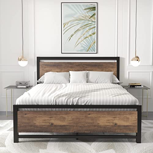 Catrimown Queen Platform Bed Frame with Wooden Headboard and Footboard, Metal Bed Frame Queen Size with Storage, Wooden Bed Frame, Strong Slat Support/No Box Spring Needed/Easy Assembly, Black