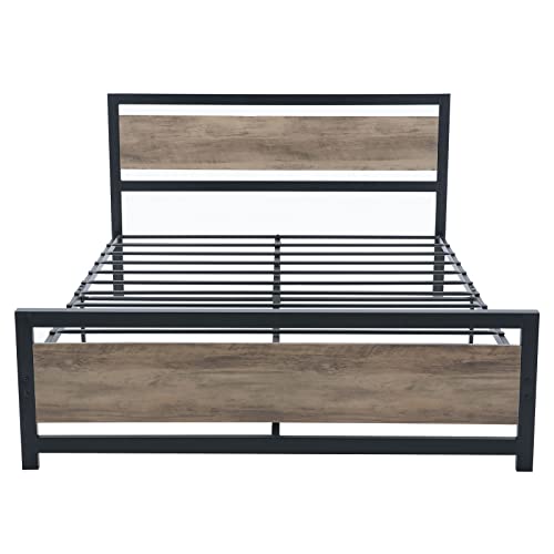 Catrimown Queen Platform Bed Frame with Wooden Headboard and Footboard, Metal Bed Frame Queen Size with Storage, Wooden Bed Frame, Strong Slat Support/No Box Spring Needed/Easy Assembly, Black