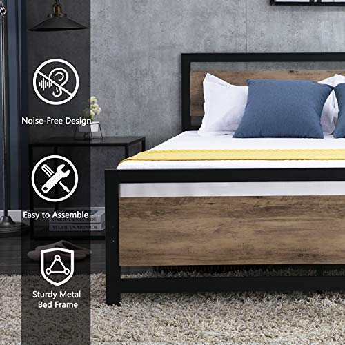 Catrimown Queen Platform Bed Frame with Wooden Headboard and Footboard, Metal Bed Frame Queen Size with Storage, Wooden Bed Frame, Strong Slat Support/No Box Spring Needed/Easy Assembly, Black