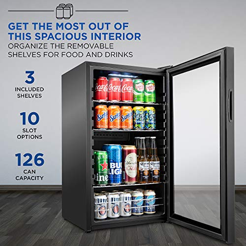 Ivation 126 Can Beverage Refrigerator | Freestanding Ultra Cool Mini Drink Fridge | Beer, Cocktails, Soda, Juice Cooler for Home & Office | Reversible Glass Door & Adjustable Shelving - Black