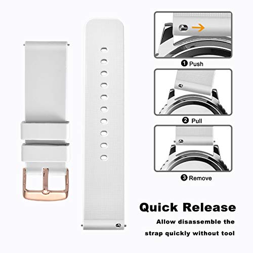 WOCCI 18mm Silicone Watch Band with Rose Gold Buckle, Soft Rubber Replacement Straps with Quick Release (White)