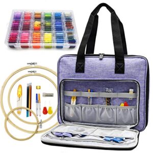 atteret full range embroidery and cross stitch starter kit with premium storage organizer bag, includes 99 dmc coded cotton threads, 9 metallic floss, 3 hoops, needles, scissors + more (purple)
