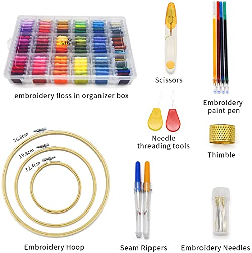 ATTERET Full Range Embroidery and Cross Stitch Starter Kit with Premium Storage Organizer Bag, Includes 99 DMC Coded Cotton Threads, 9 Metallic Floss, 3 Hoops, Needles, Scissors + More (Purple)