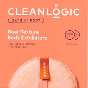cleanlogic bath and body exfoliating body scrubber, dual-texture round exfoliator tool for smooth, clean skin, daily skincare routine, 3 count value pack