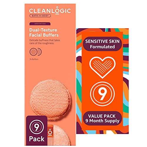 CleanLogic Bath & Body Exfoliating Dual-Texture Facial Pads, Face Sponges for Cleansing & Softening Sensitive Skin, MakeUp Remover Pads, Assorted Colors, 9 Count Value Pack