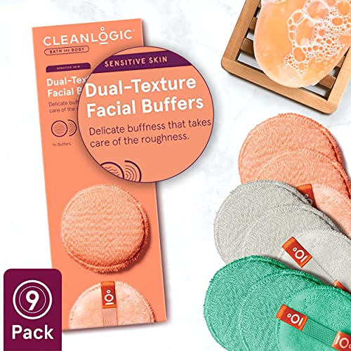 CleanLogic Bath & Body Exfoliating Dual-Texture Facial Pads, Face Sponges for Cleansing & Softening Sensitive Skin, MakeUp Remover Pads, Assorted Colors, 9 Count Value Pack