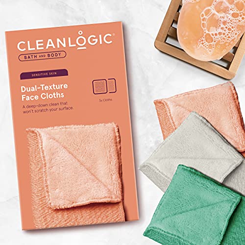 Cleanlogic Bath & Body Exfoliating Dual-Texture Facial Cloth, Make Up Remover, Assorted Colors, 3 Count