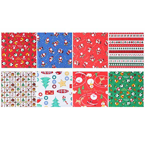 Healifty Fabrics 8Pcs Christmas Cotton Fabric Sheet Patchwork Cloth Quilting Precut Scraps Sewing Fabric Bundles for DIY Christmas Stocking Tree Wreath Doll 25x25cm Drapery