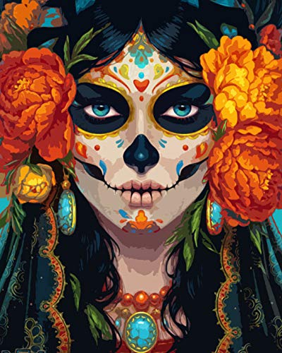 Day of the Dead Paintings Traditional Festival Mexico Art Digital Painting Paint by Numbers Kit for Adults Acrylic Oil Painting Set Painting for Beginners Skull and Flowers Drawing(16''Wx20''H)