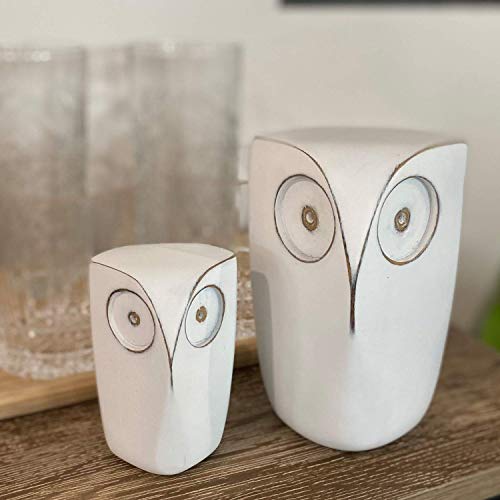 Huey House Wise Owl Decor Statue Sculptures - Set of 2 Small White Resin Figurines, 5¾ & 4 inches high