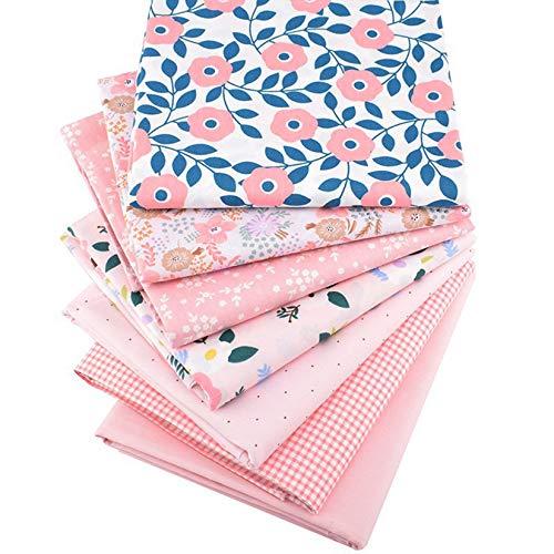 RODAKY Pink Series Cotton Fabric Bundles Rural Flower Stripe Sewing Crafting Material Polka Dot Squares Bundle Fabric Patchwork Japanese Style Cotton Scraps for DIY Handmade Quilting 7PCS 25x25CM