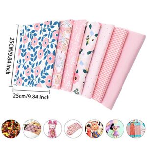 RODAKY Pink Series Cotton Fabric Bundles Rural Flower Stripe Sewing Crafting Material Polka Dot Squares Bundle Fabric Patchwork Japanese Style Cotton Scraps for DIY Handmade Quilting 7PCS 25x25CM