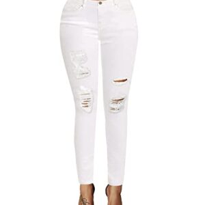 roswear Women's Ripped Mid Rise Destroyed Skinny Jeans White L