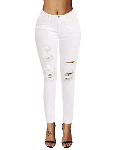 roswear Women's Ripped Mid Rise Destroyed Skinny Jeans White L