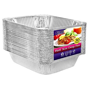aluminum pans half size, 9x13, extra heavy duty disposable foil pans for baking (30 pack) roasting & chafing, deep tin foil bakeware, steam table tray, cookware, food prepping, cake & oven pan