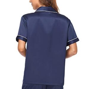 Serenedelicacy Women's Satin Pajama Set 2-Piece Sleepwear Loungewear Button Down Short Sleeve PJ Set (Medium, Navy Blue)