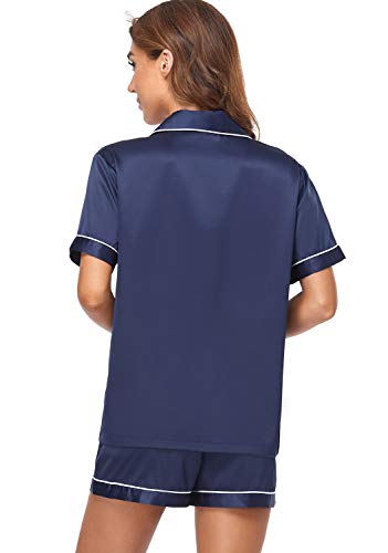 Serenedelicacy Women's Satin Pajama Set 2-Piece Sleepwear Loungewear Button Down Short Sleeve PJ Set (Medium, Navy Blue)