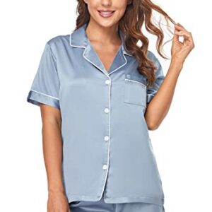 Serenedelicacy Women's Satin Pajama Set 2-Piece Sleepwear Loungewear Button Down Short Sleeve PJ Set (Medium, Dusty Blue)